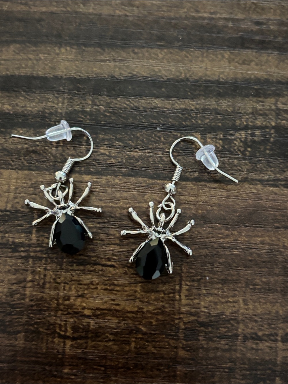 Silver Spider Drop Earrings with Black Crystal